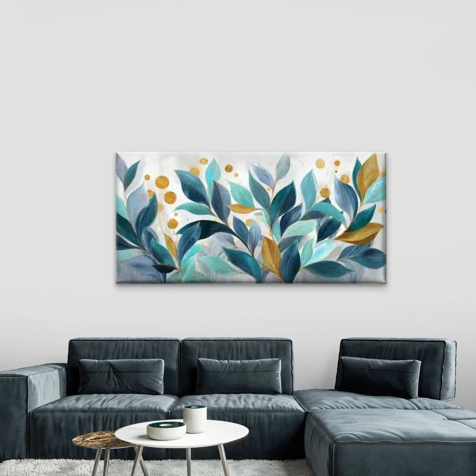 Vintage Leaf with Golden Dots, Wall Art Canvas Office Home Room Framed 120x60cm - Bella Home Decor
