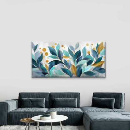 Vintage Leaf with Golden Dots, Wall Art Canvas Office Home Room Framed 120x60cm - Bella Home Decor