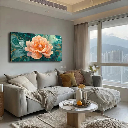 Peony Bloom Teal & Golden Wall Art Canvas Office Home Room Framed 120x60cm