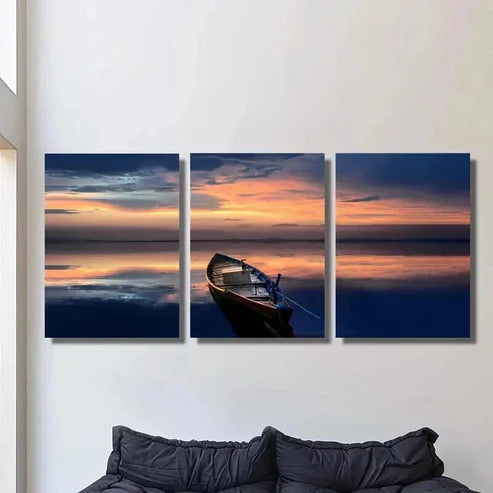3pcs Boat on Middle of The Sea at Sunset  Wall Art Set Canvas Unframed - High Quality Print 100% Australian Made Wall Canvas - Bella Home Decor
