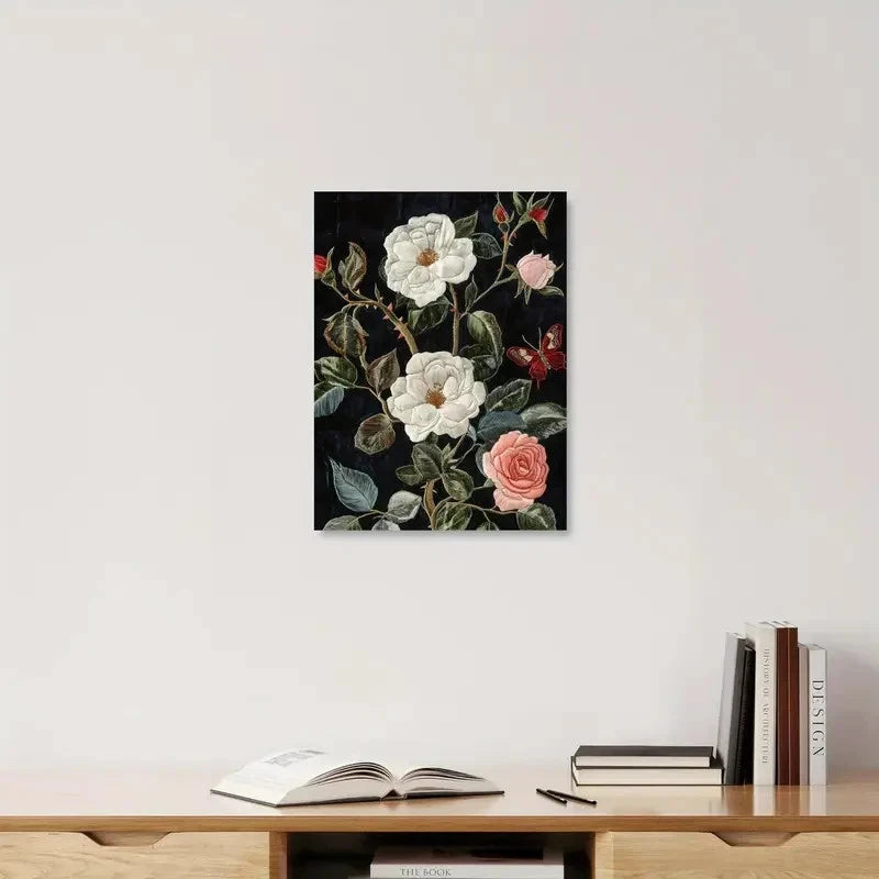 Floral painting on a wall above a wooden shelf with books
