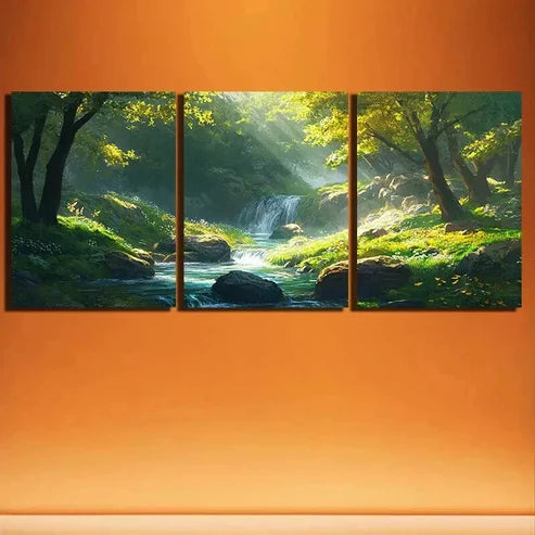 3pcs Triple Mural Forest & Stream Painting Wall Art Canvas Unframed - High Quality Print 100% Australian Made Wall Canvas