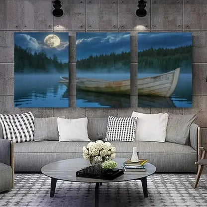 3pcs Moon, Rowboat, Pine Trees Wall Art Set Canvas Framed 50x70cm - High Quality Print 100% Australian Made Wall Canvas Ready to Hang