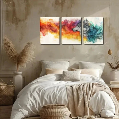3pcs Wolf & Ink-Splashing Décor Smoke Perfect Wall Art Set Canvas Framed 50x70cm - High Quality Print 100% Australian Made Wall Canvas Ready to Hang - Bella Home Decor