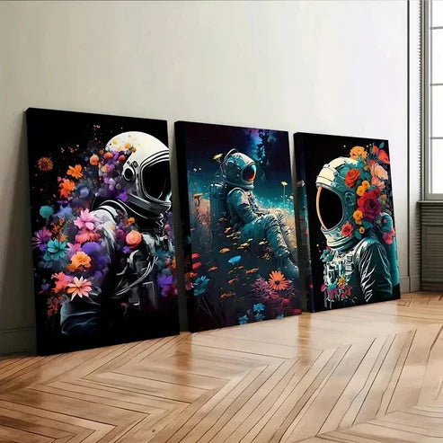 3pcs Vintage Floral Astronaut Colourful Space Wall Art Canvas Unframed - High Quality Print 100% Australian Made Wall Canvas