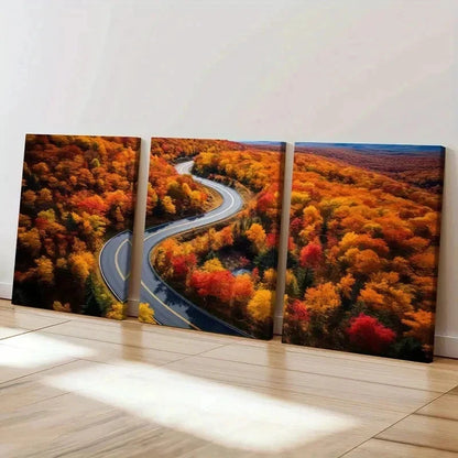 3pcs Golden Leaves Road Modern Decoration Wall Art Set Canvas Framed 50x70cm - High Quality Print 100% Australian Made Wall Canvas Ready to Hang - Bella Home Decor