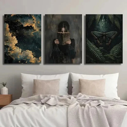 3pcs Dark Female Reading Moth & Botanical Decor Wall Art Set Canvas Unframed - High Quality Print 100% Australian Made Wall Canvas - Bella Home Decor
