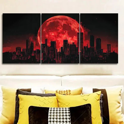 3pcs Big Red Moon Over Cityscape Wall Art Set Canvas Unframed - High Quality Print 100% Australian Made Wall Canvas - Bella Home Decor