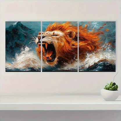 3pcs Roaring Lion Modern Abstract Painting Metal Print Ready to Hang Art - Bella Home Decor
