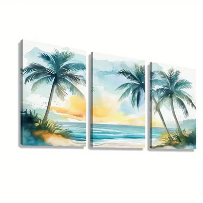 3pcs Tropical Palm Trees and Beach Decor   Wall Art Set Canvas Unframed - High Quality Print 100% Australian Made Wall Canvas