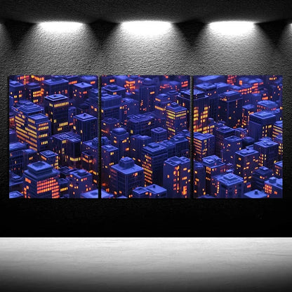 3pcs Neon City Painting Buildings Metal Print Ready to Hang Art