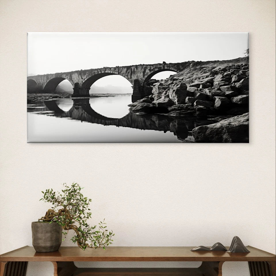 Black & White Stone Arch Bridge River Wall Art Canvas Office Home Framed 120x60cm