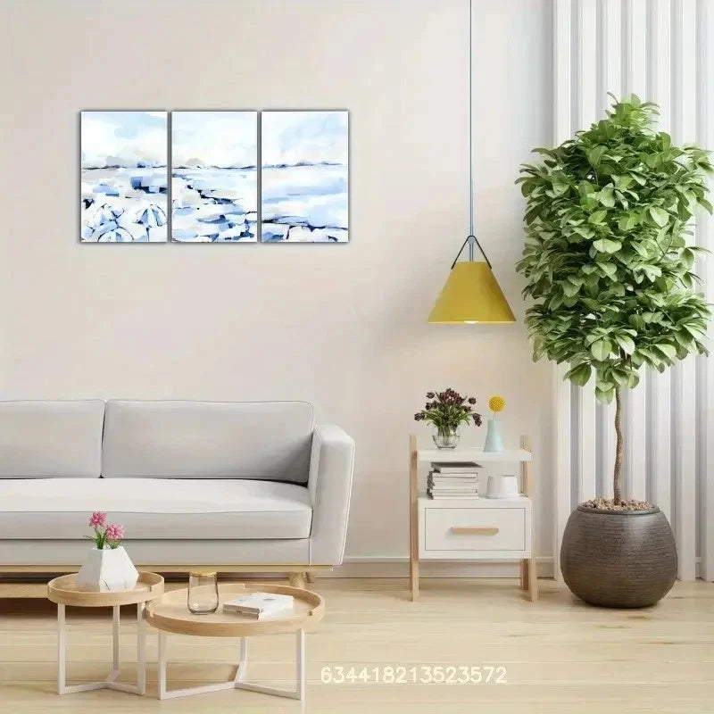 3pcs Modern Blue and White Coastline Poster Metal Print Ready to Hang Art