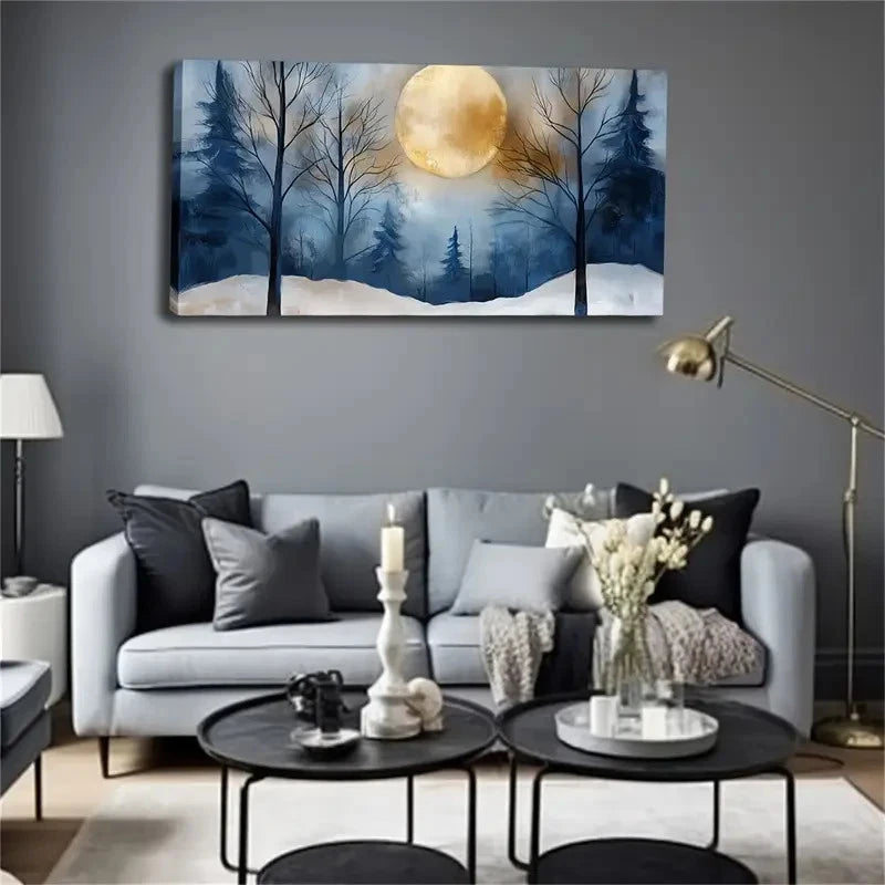 Covered Forest & Moon Snow Wall Art Canvas Office Home Room Framed 120x60cm