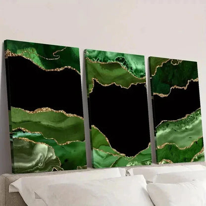 3pcs Dark Green Stone Texture with Golden Accent Wall Art Canvas Unframed - High Quality Print 100% Australian Made Wall Canvas - Bella Home Decor
