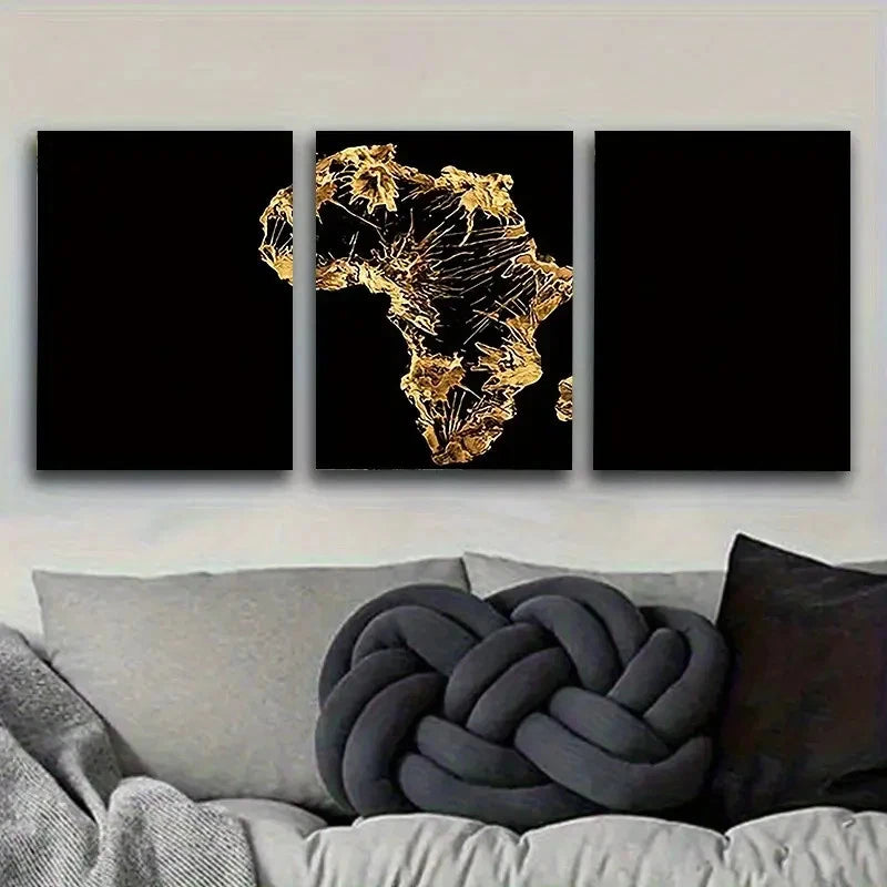 3pcs Golden African Map Silhouette Wall Art Set Canvas Framed 60x90cm - High Quality Print 100% Australian Made Wall Canvas Ready to Hang - Bella Home Decor