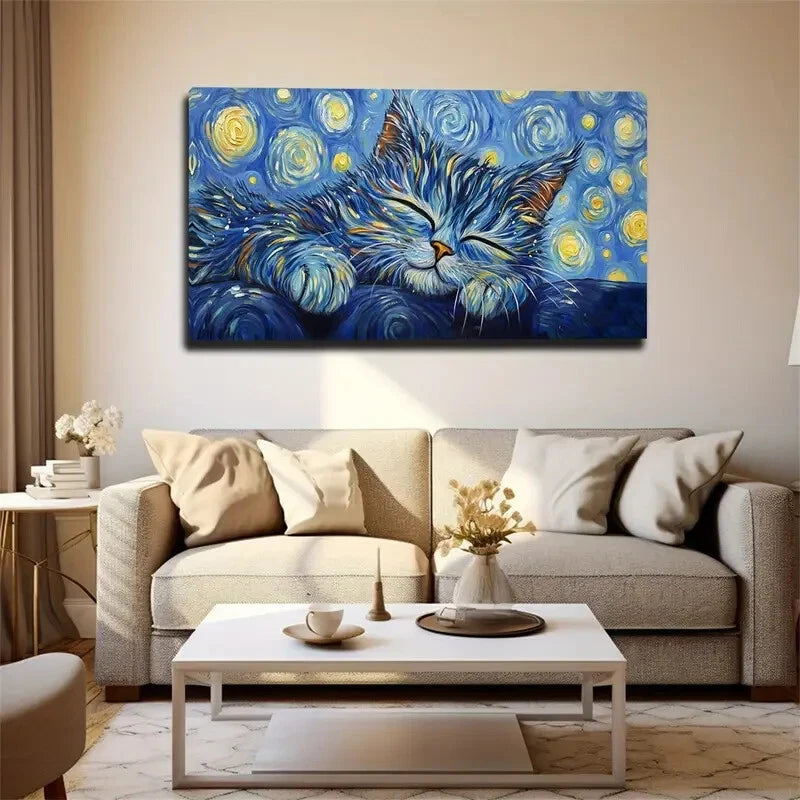 Sleeping Cat With Vibrant Blue Wall Art Canvas Office Home Room Framed 120x60cm - Bella Home Decor