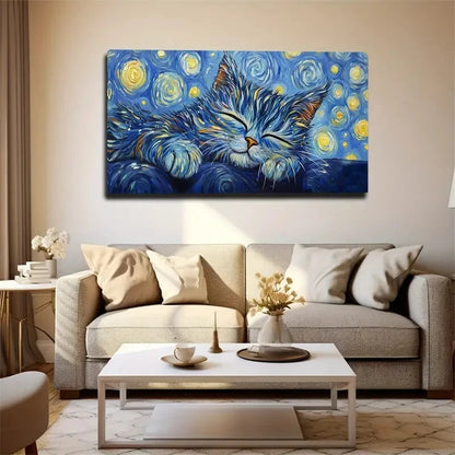 Sleeping Cat With Vibrant Blue Wall Art Canvas Office Home Room Framed 120x60cm - Bella Home Decor