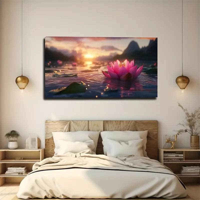 Vibrant Sunset Lotus Flower Wall Art Canvas Office Home Room Framed 120x60cm