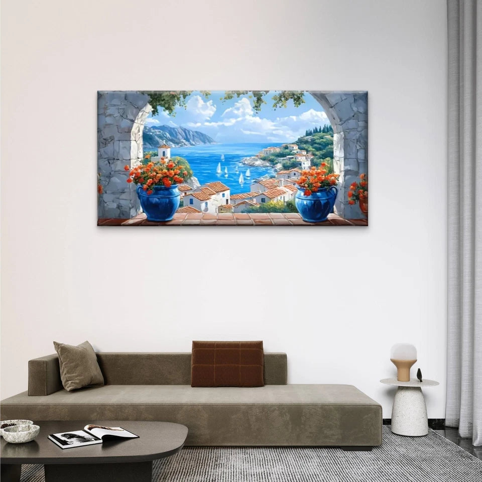 Serene Sea View From Window Wall Art Canvas Office Home Room Framed 120x60cm
