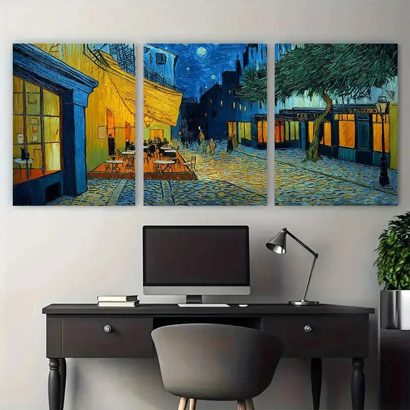 3pcs A Vincent Van Gogh Street Inspired Perfect Wall Art Set Canvas Framed 40x60cm - High Quality Print 100% Australian Made Wall Canvas Ready to Hang - Bella Home Decor