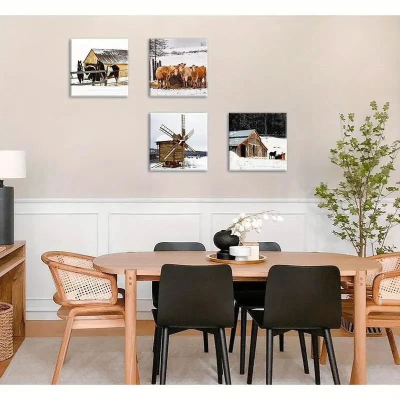 4pcs Rustic Old Barn Windmill Horses Cow Wall Art Canvas Framed