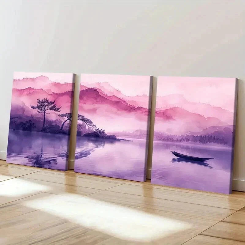 3pcs Traditional Chinese Landscape Boat & Lake Wall Art Set Canvas Framed 40x60cm - High Quality Print 100% Australian Made Wall Canvas Ready to Hang - Bella Home Decor