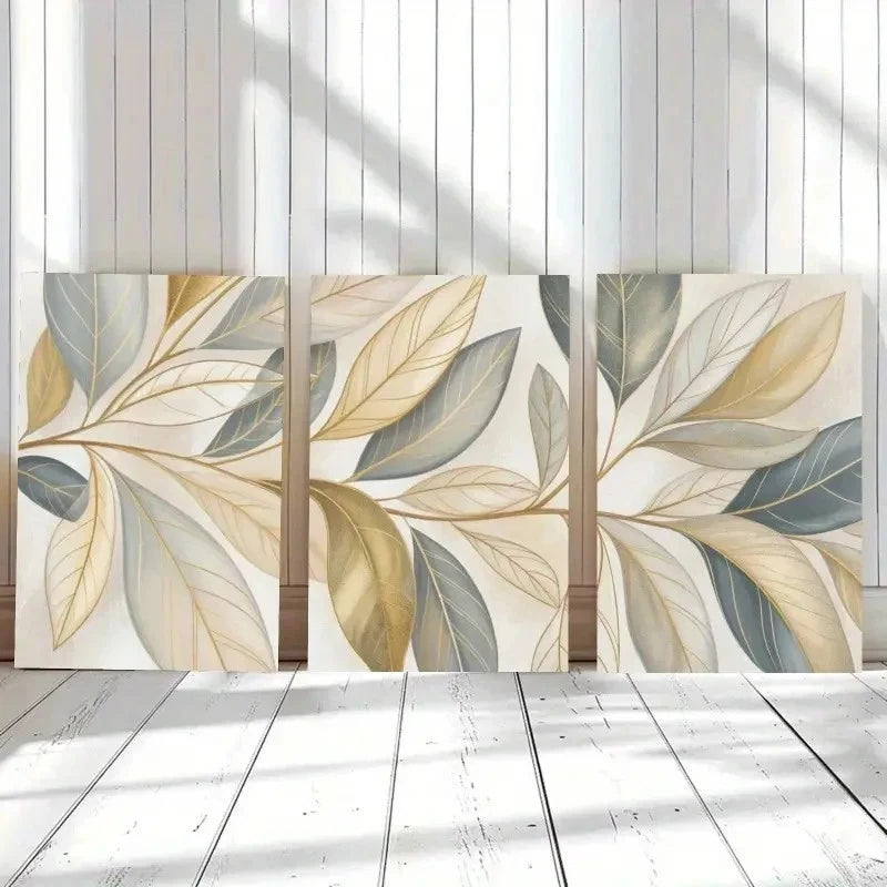 3pcs Eucalyptus Leaves Golden Leaves Painting Metal Print Ready to Hang Art