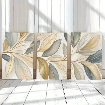 3pcs Eucalyptus Leaves Golden Leaves Painting Metal Print Ready to Hang Art