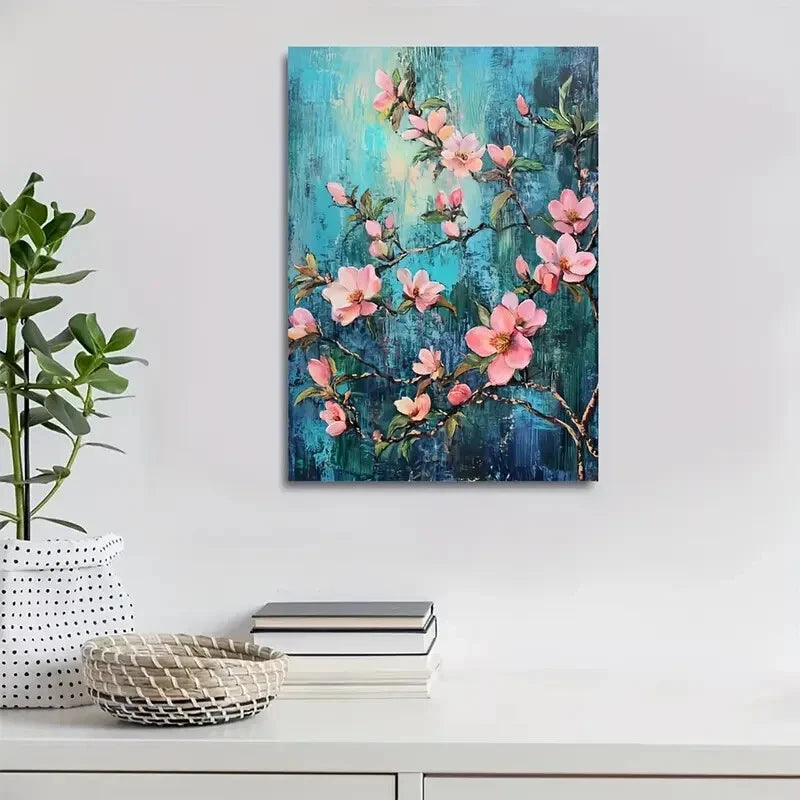Flourishing Pink Flowers with Blue Background 40x60cm Metal Print Ready to Hang