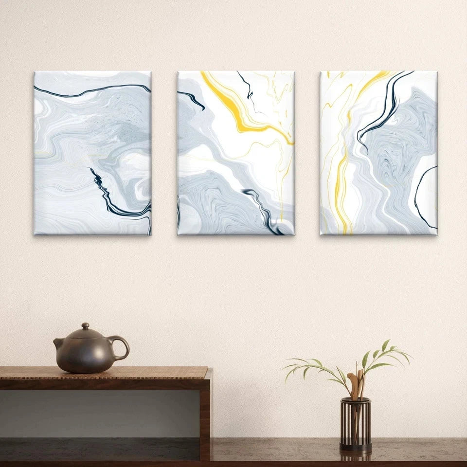 3pcs Minimalist Modern Marble Fluid White, Gray Wall Art Set Canvas Framed 50x70cm - High Quality Print 100% Australian Made Wall Canvas Ready to Hang