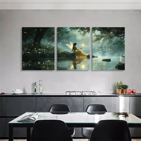 3pcs Fairy in Enchanted Forest Glowing Wall Art Canvas Unframed - High Quality Print 100% Australian Made Wall Canvas