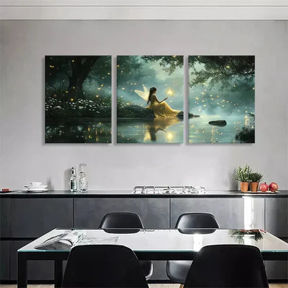 3pcs Fairy in Enchanted Forest Glowing Wall Art Canvas Unframed - High Quality Print 100% Australian Made Wall Canvas