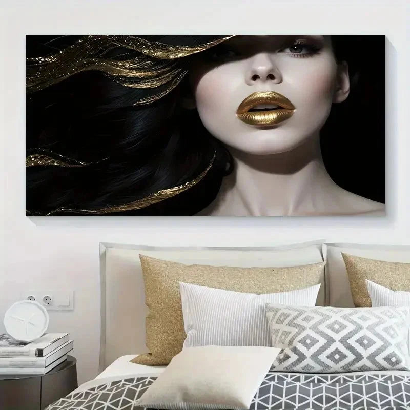 Long Black Hair & Golden Metal Wall Art Canvas Office Home Room Framed 120x60cm