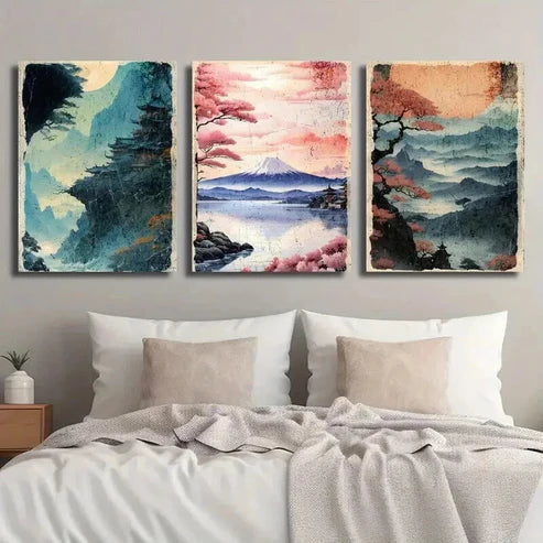 3pcs Vibrant Mount Fuji & Cherry Blossom Scenes Wall Art Canvas Unframed - High Quality Print 100% Australian Made Wall Canvas