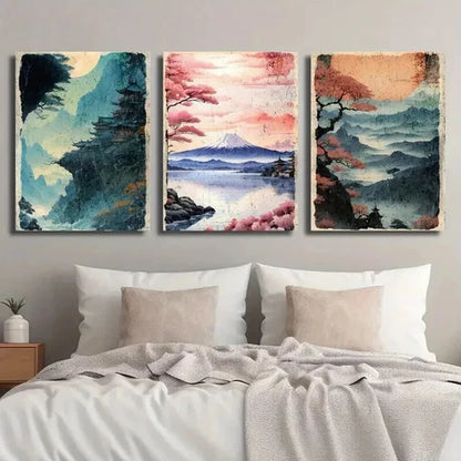 3pcs Vibrant Mount Fuji & Cherry Blossom Scenes Wall Art Canvas Unframed - High Quality Print 100% Australian Made Wall Canvas