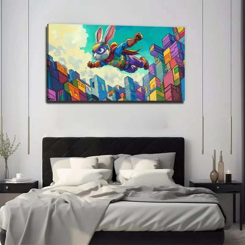 Dynamic Flying Bunny City Wall Art Canvas Office Home Room Framed 120x60cm