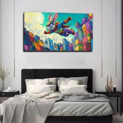 Dynamic Flying Bunny City Wall Art Canvas Office Home Room Framed 120x60cm