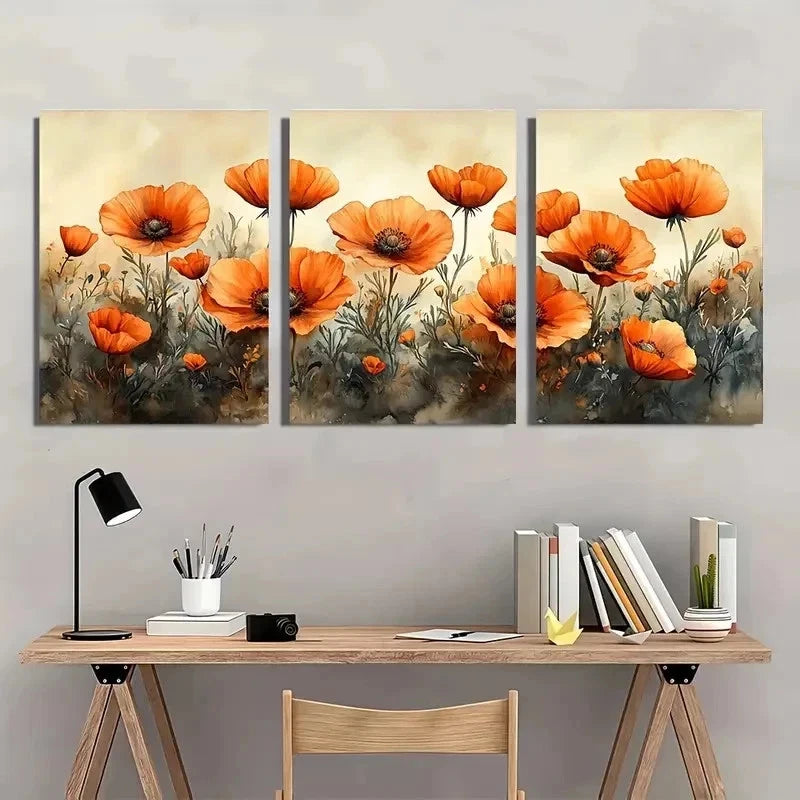 3pcs Vibrant Orange Poppies Blooming Perfect Wall Art Set Canvas Framed 50x70cm - High Quality Print 100% Australian Made Wall Canvas Ready to Hang - Bella Home Decor