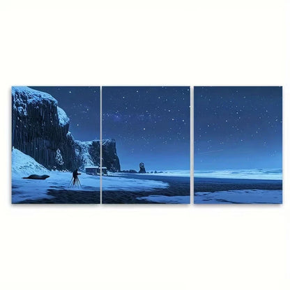 3pcs Black Sand Under Aurora Borealis Wall Art Set Canvas Framed 40x60cm - High Quality Print 100% Australian Made Wall Canvas Ready to Hang - Bella Home Decor