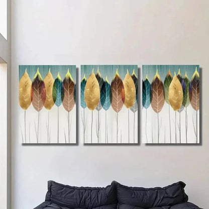 3pcs Aesthetic Gold Blue Red Leaf Design Wall Art Canvas Unframed - High Quality Print 100% Australian Made Wall Canvas - Bella Home Decor