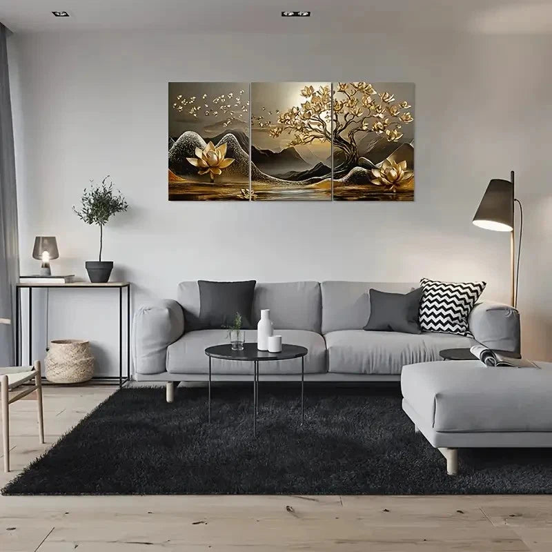 3pcs Golden Lotus Tree Golden Metal Print Ready to Hang Art - Bella Home Decor