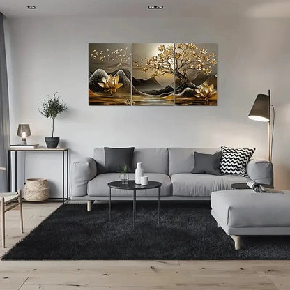 3pcs Golden Lotus Tree Golden Metal Print Ready to Hang Art - Bella Home Decor