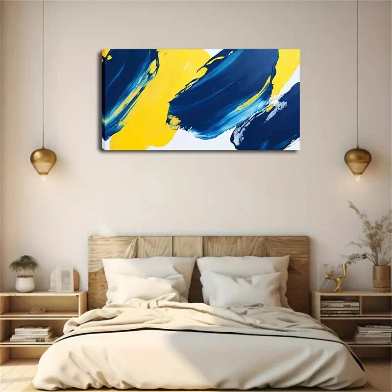 Bright Yellow And Deep Blue Wall Art Canvas Office Home Room Framed 120x60cm