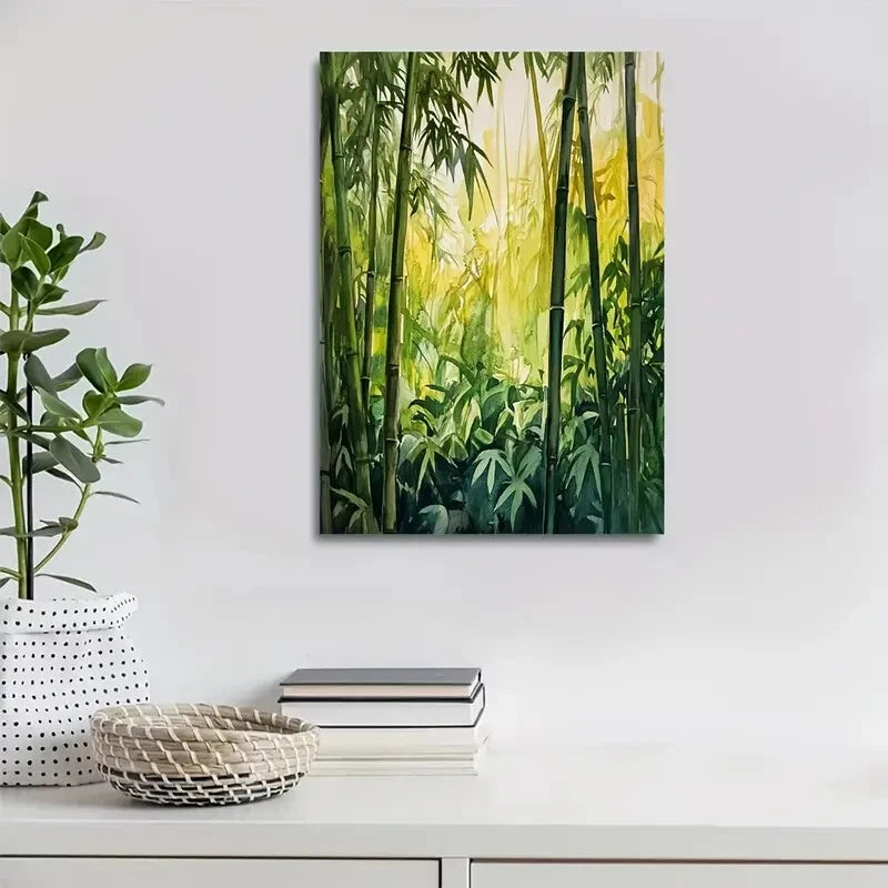 Serene Natural Scene with Sunlit Bamboo Stalk Painting 40x60cm Metal Print Ready to Hang - Bella Home Decor