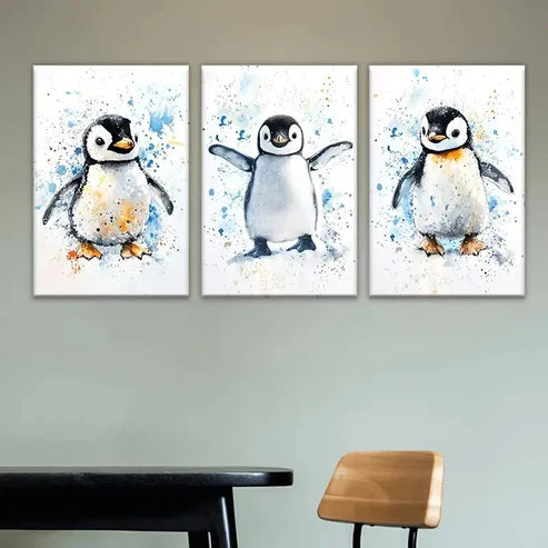 3pcs Three penguins with watercolor Wall Art Set Canvas Unframed - High Quality Print 100% Australian Made Wall Canvas - Bella Home Decor