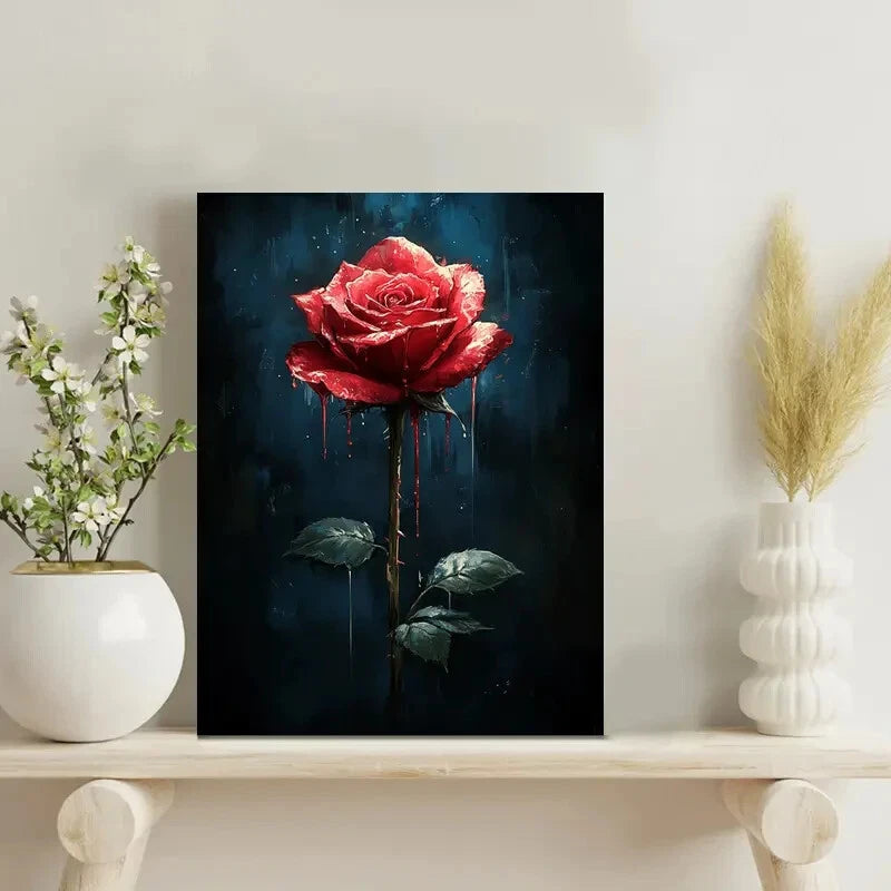 Gothic Red Rose Dripping Paint Painting 40x60cm Metal Print Ready to Hang - Bella Home Decor