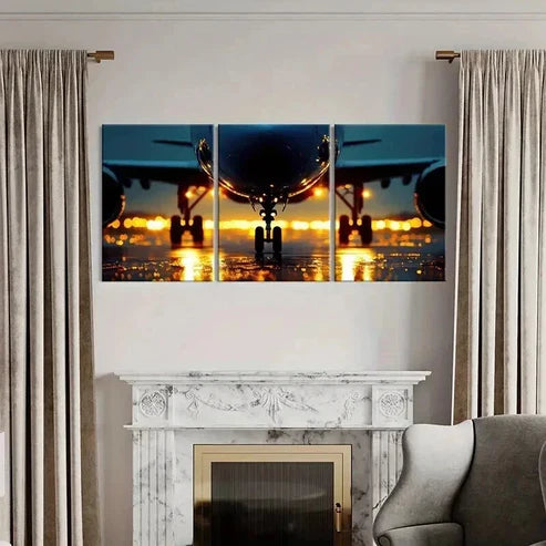 3pcs Airplane Sunset Runway Lights Wall Art Canvas Unframed - High Quality Print 100% Australian Made Wall Canvas - Bella Home Decor