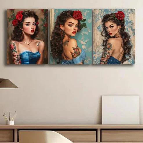3pcs Vintage Brunette Girl with Tattoos Wall Art Canvas Unframed - High Quality Print 100% Australian Made Wall Canvas - Bella Home Decor