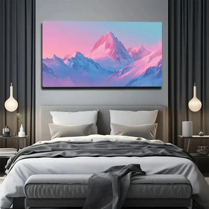 Bedroom with a large painting of mountains on the wall